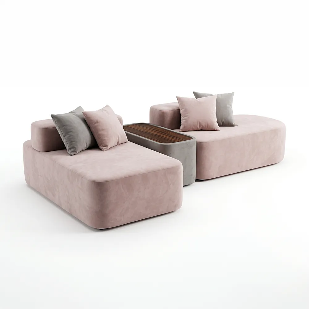 Sofá modular Duo em veludo rosê para lobby corporativo